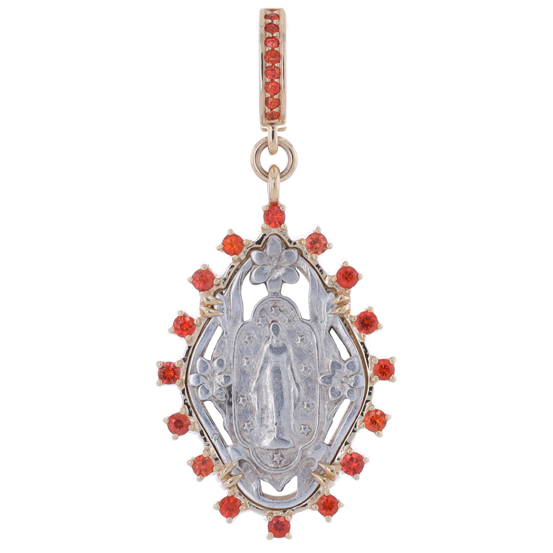 Antique Sterling Silver French Virgin Mary Medal Pendant in a 14k Yellow Gold and Orange Sapphire Bezel