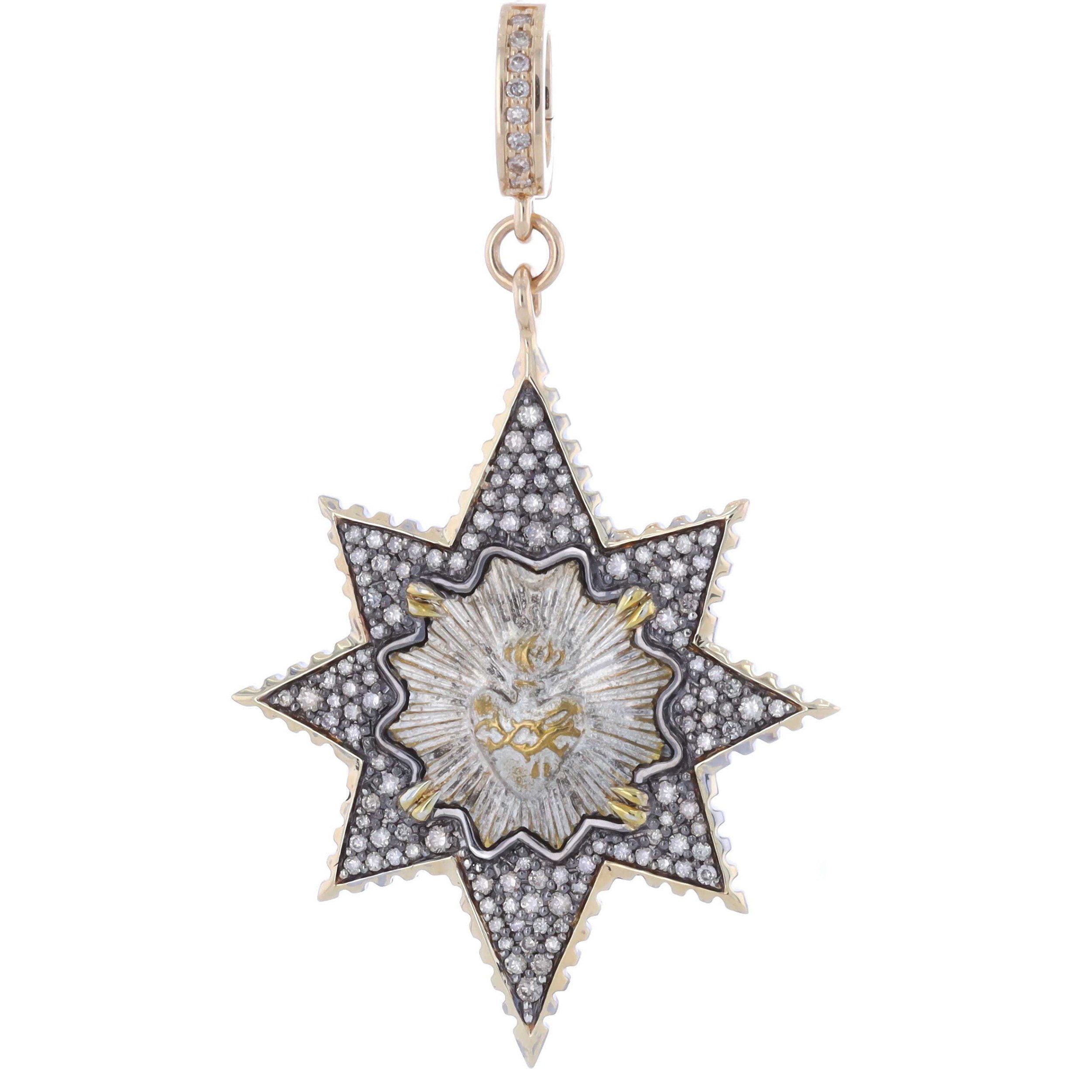14k Yellow Gold and Pave Diamond Antique French Sacred Heart Star Pendant Charm