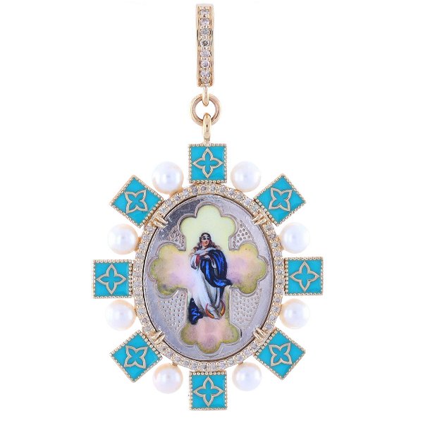 Closeup photo of Antique German Hand Painted Virgin Mary Pendant Set in 14k Gold, Pearl and Diamond Bezel