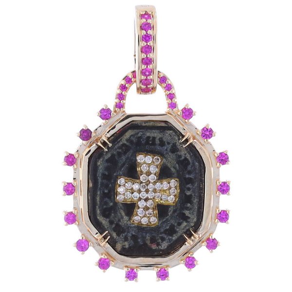 Closeup photo of 14 Yellow Gold and Pink Sapphire Antique Bronze St. Benedict Medal Pendant Charm