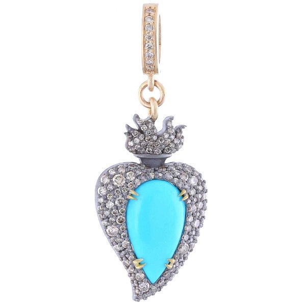 Closeup photo of 14k yellow gold and silver heart pendant with turquoise and pave diamonds