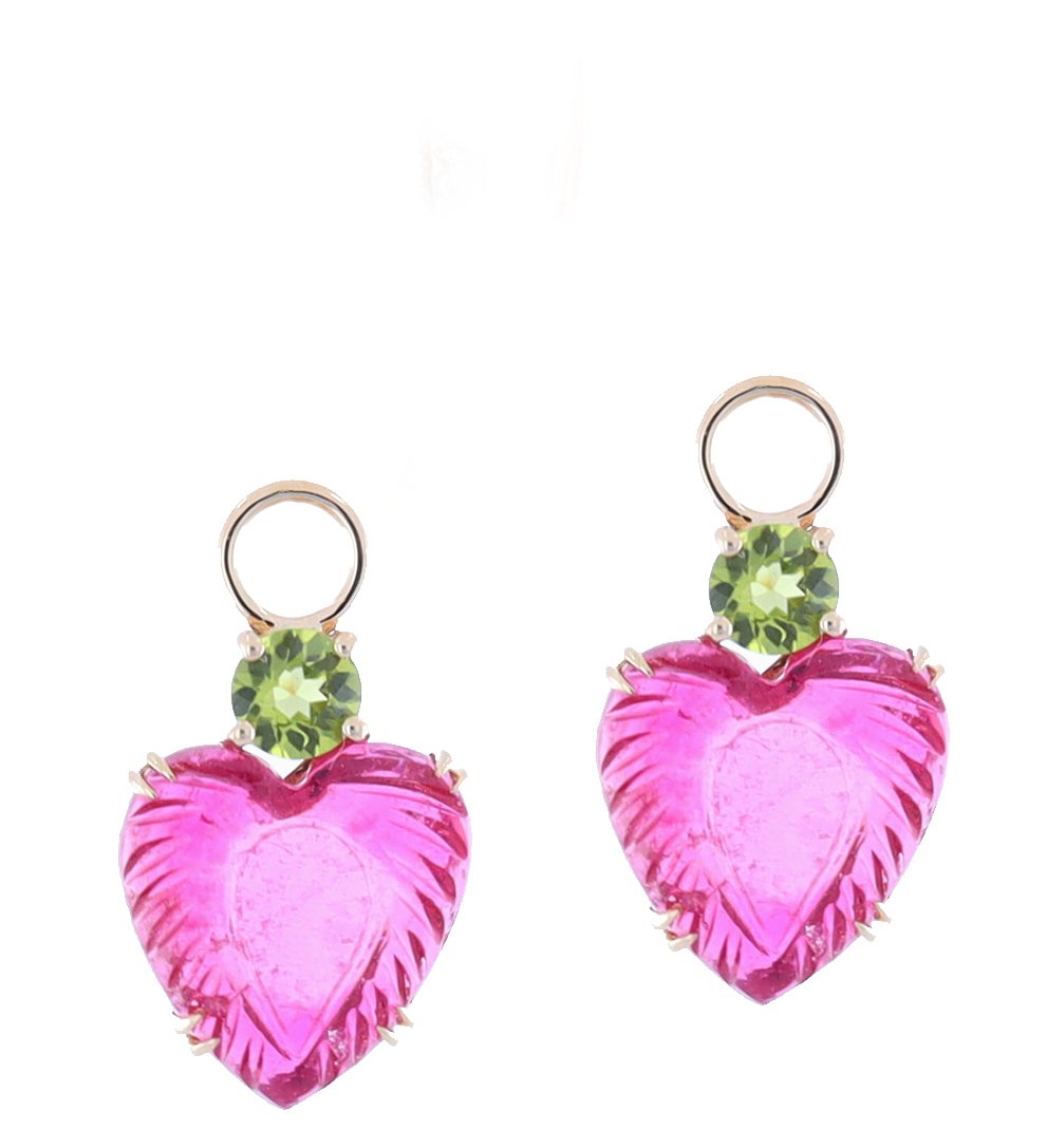 14k Pink tourmaline heart and peridot earring charms