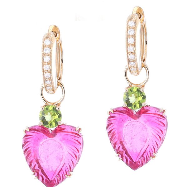 Closeup photo of 14k Pink tourmaline heart and peridot earring charms