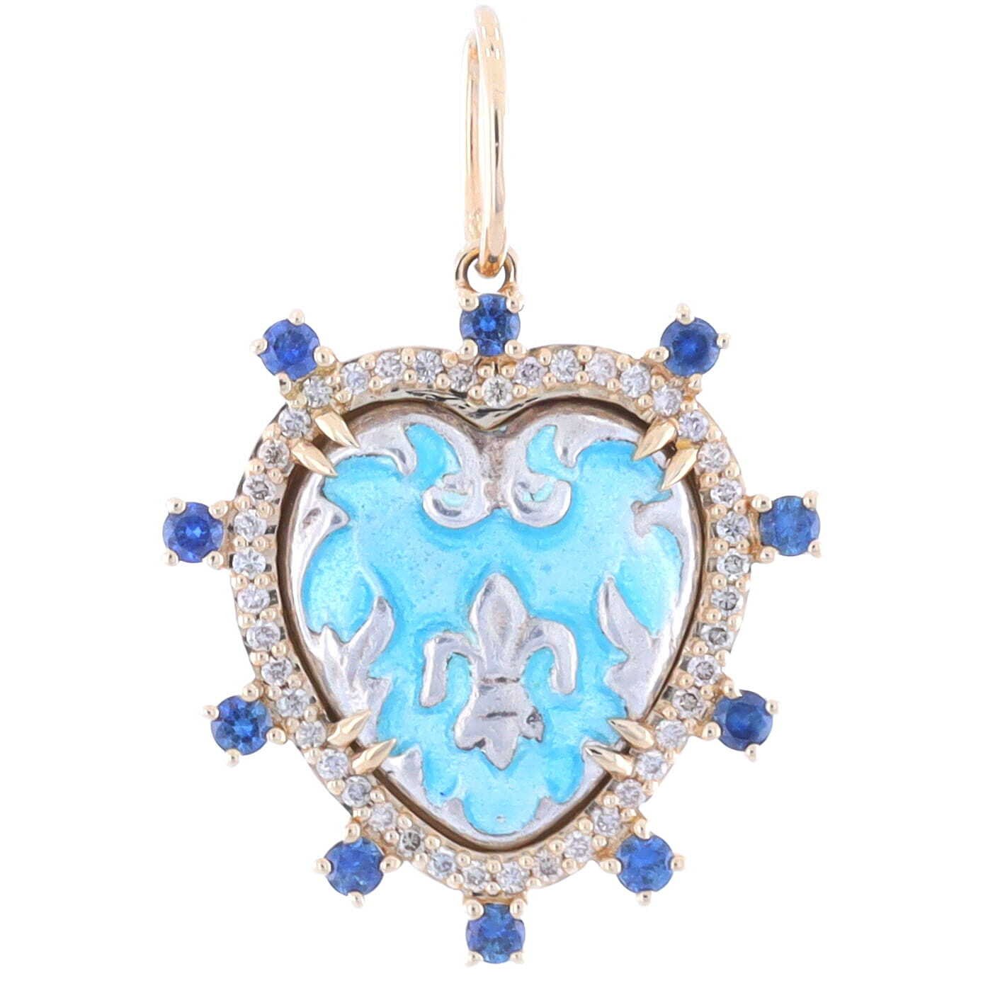 Antique French Turquoise Heart Enamel Sterling Heart with Blue Sapphire, Diamond and 14k Yellow Gold Bezel