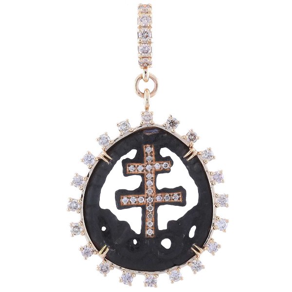 Closeup photo of Croix de Lorraine 14k pendant with diamonds