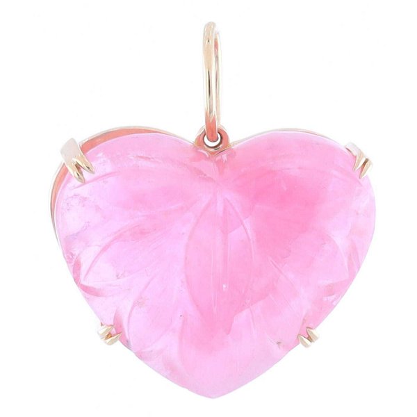 Closeup photo of Hand Carved Pink Rose Quartz Heart Set with 14k Yellow Gold Pendant Charm