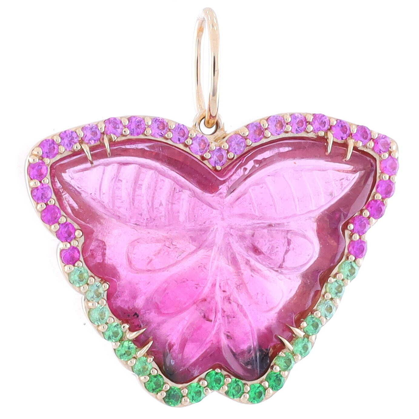 Hand Carved Pink Tourmaline Butterfly Pendant Charm with 14k Yellow Gold, Green Tsavorite and Pink Sapphire Bezel