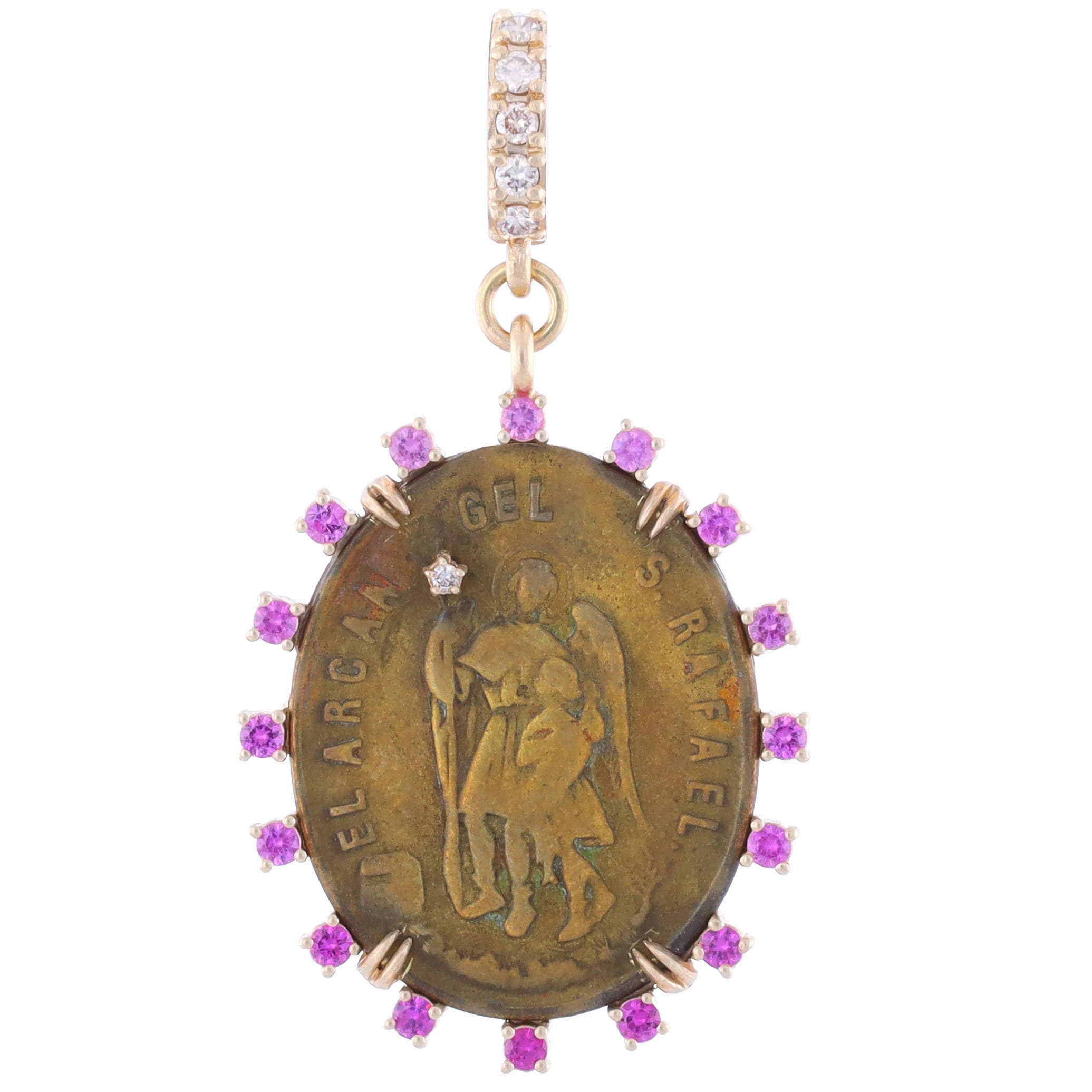 Antique Spanish Bronze Guardian Angel with Ombre Pink Sapphire/Diamond and 14k Yellow Gold Bezel