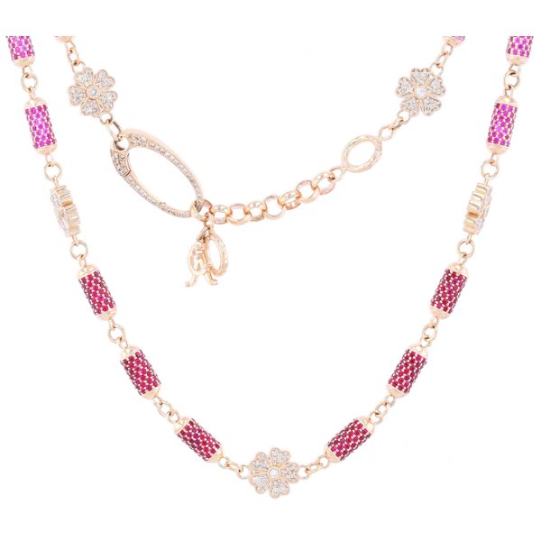 Closeup photo of 18-19" Ombre Pink Sapphire and Diamond Pave Barrel Chain with Diamond Flower Stations