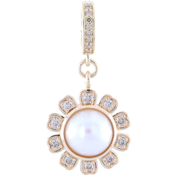 Closeup photo of 14k Yellow Gold Pearl Flower Pendant with Diamonds