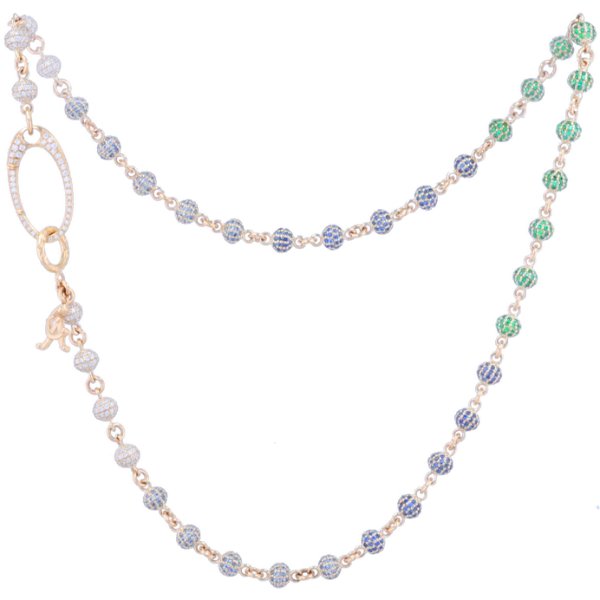 Closeup photo of 16" Gradient Blue Sapphire, Emerald & Diamond Sphere Necklace