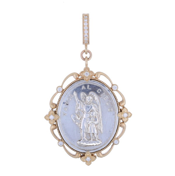 Closeup photo of Antique Spanish Sterling Guardian Angel with Lace Bezel