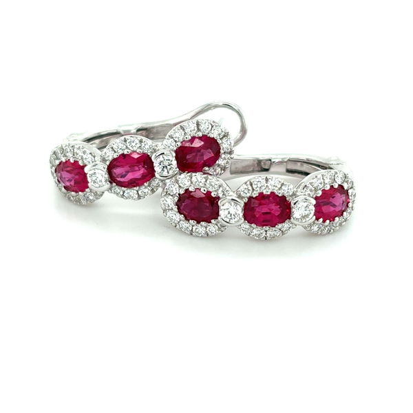 Closeup photo of 18k White Gold 2.10tw Ruby and Diamond Hoop Earrings