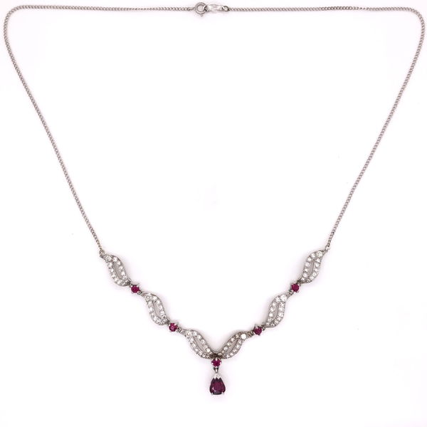 Closeup photo of 18/14K white gold 1950’s 1.76tcw Ruby and 1.40tcw Diamond Necklace 6.5g, 17"