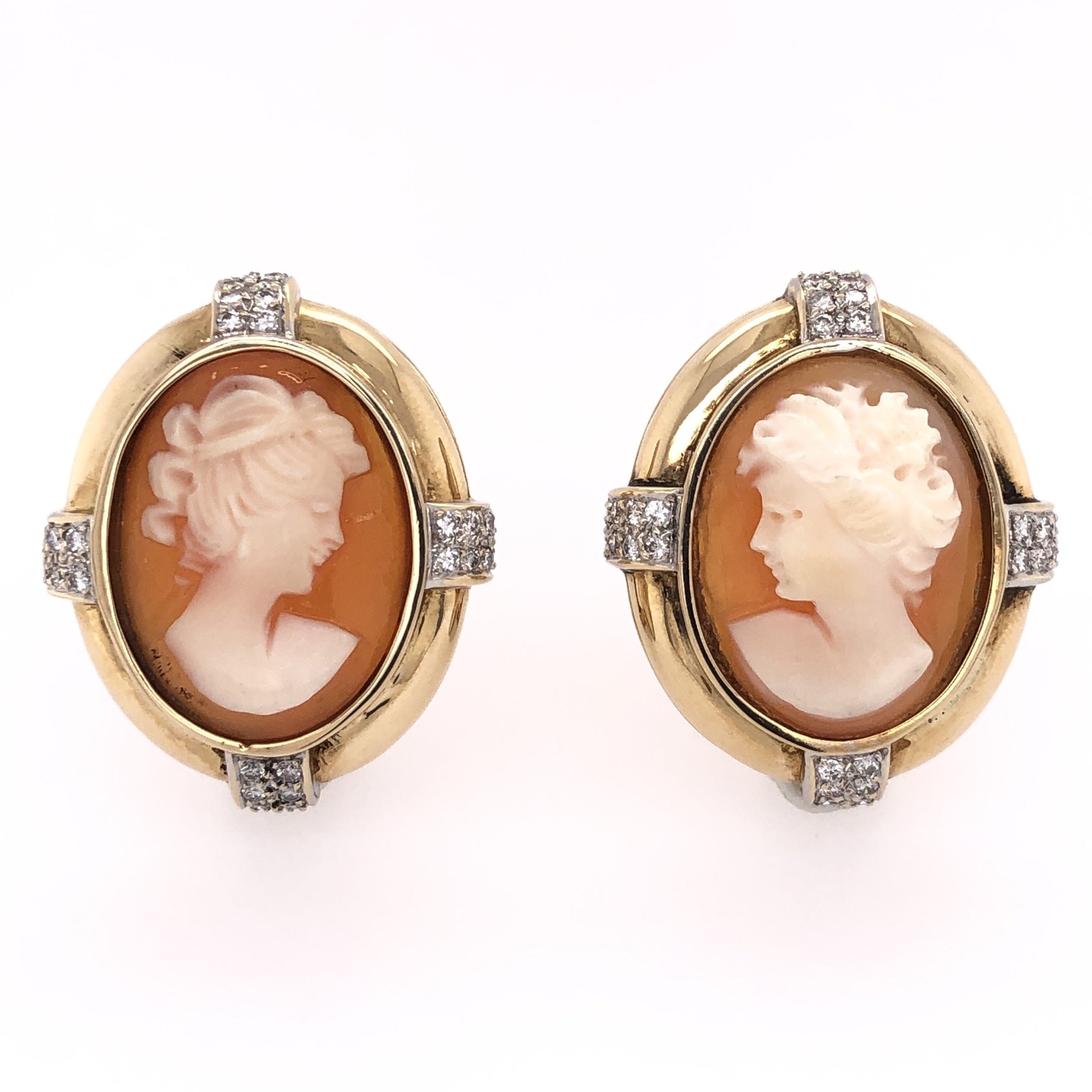 14K Yellow Gold Large Shell Cameo Earrings French Clips .64tcw diamonds, 16.5g, 1.1" tall