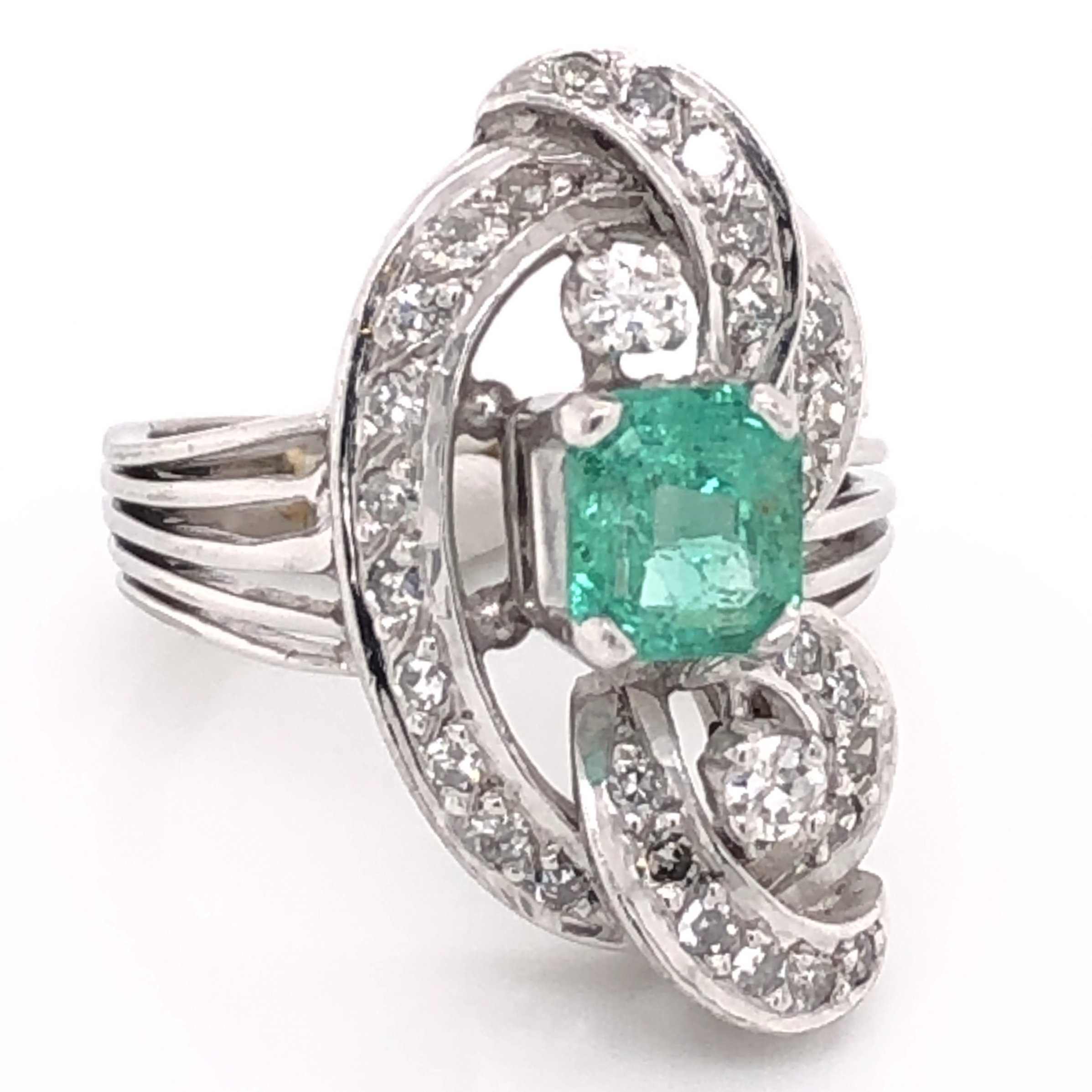Platinum 1950's .50ct Emerald & .35tcw Diamond Cocktail Ring, 7.0g