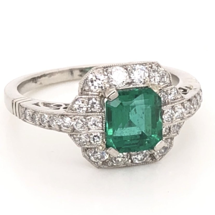 Platinum Art Deco 1.06ct GIA Lab Report Emerald & .60tcw Diamond Ring 5.2g, s7.25