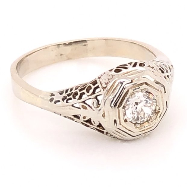 14K White Gold Art Deco Filigree .17ct Old European Cut Diamond Ring 1.8g, s3.75