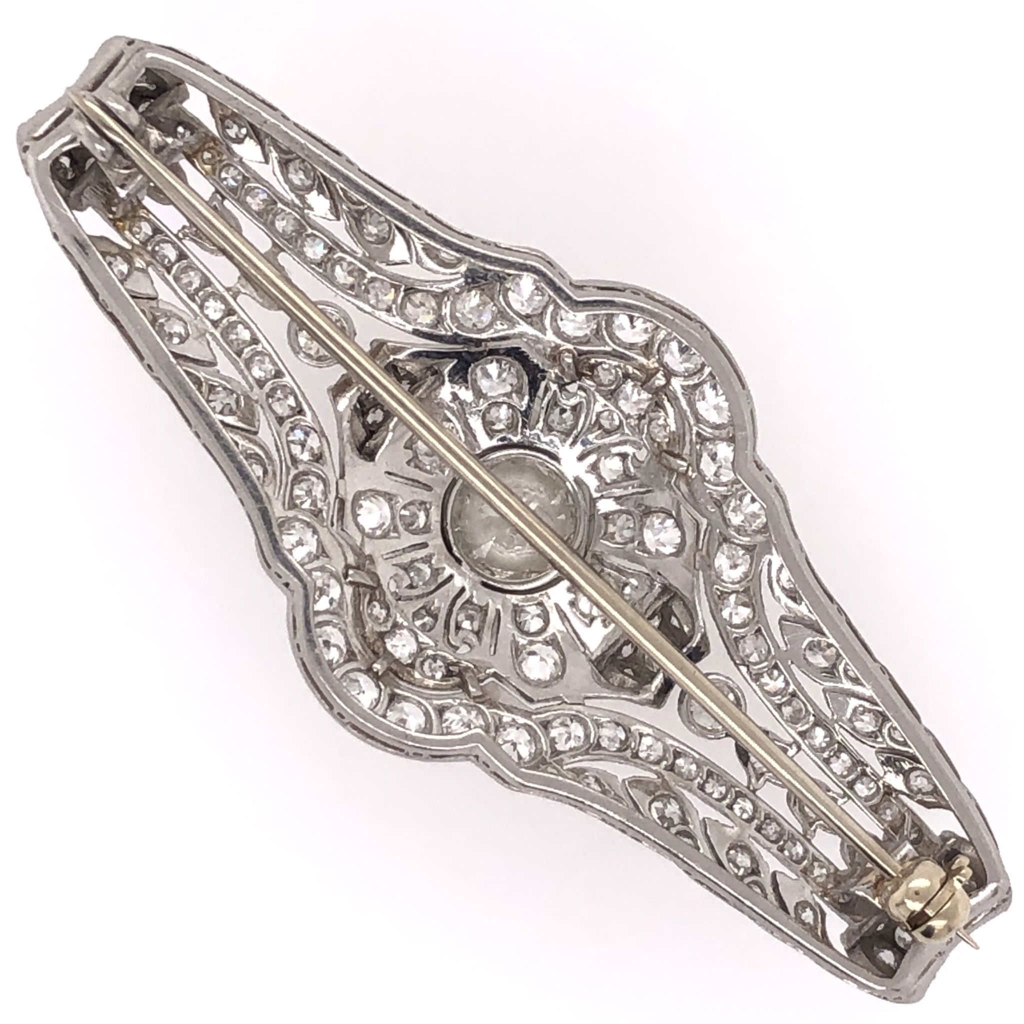 platinum art deco diamond filigree & milgrain brooch pin .75ct old european cut & 3.40tcw oec diamonds 11.3g, 2.25" long11246truvmv