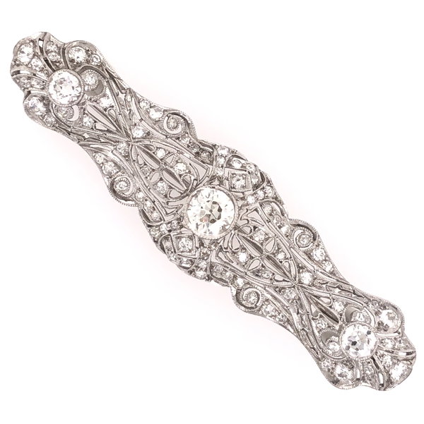 Closeup photo of Platinum Art Deco Bar Brooch .96ct OEC Diamond and 2.50tcw side diamonds 9.6g, 2 5/8" Long