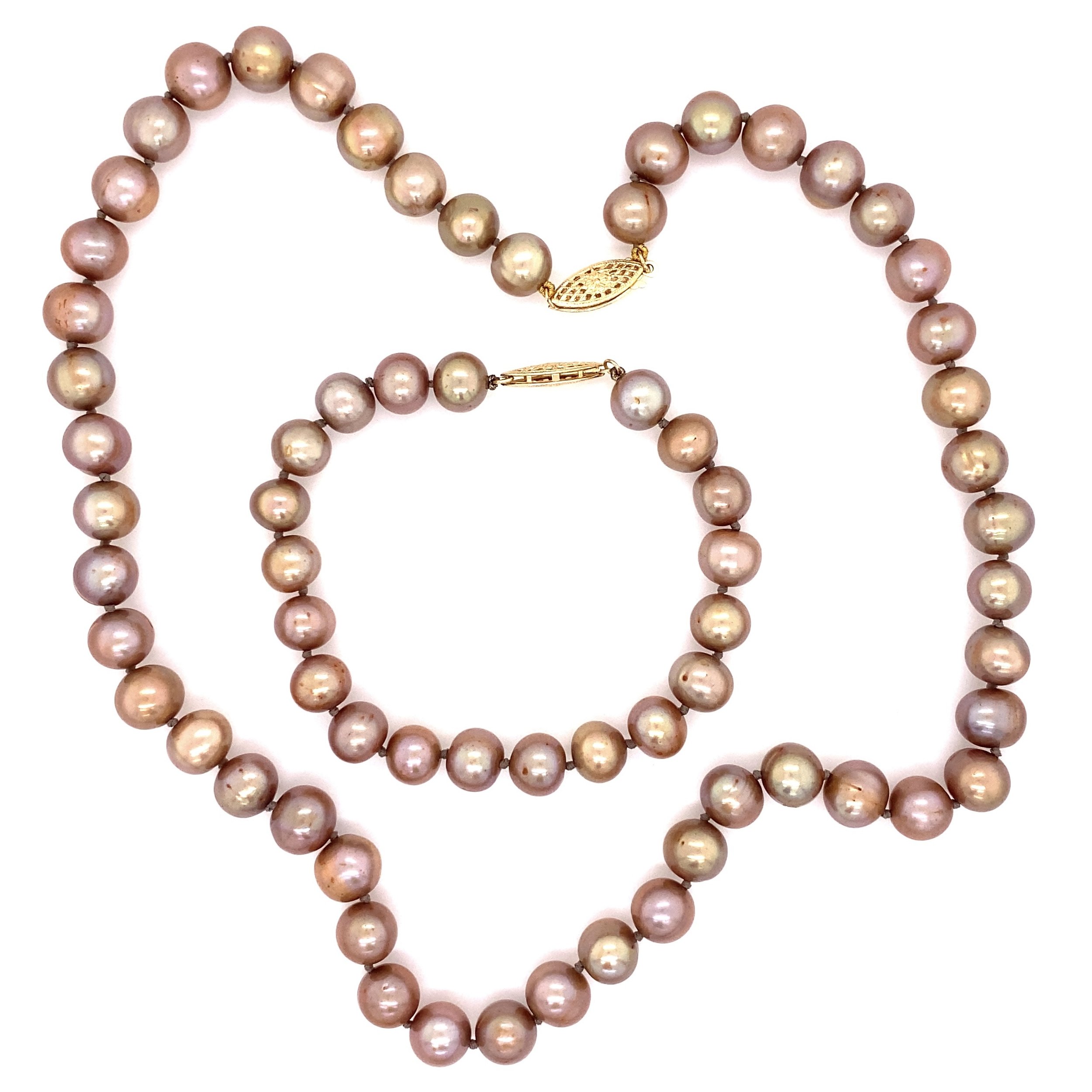 14K YG 7.5mm Brownish Golden Pearl Necklace Bracelet Set 18", 7.5"