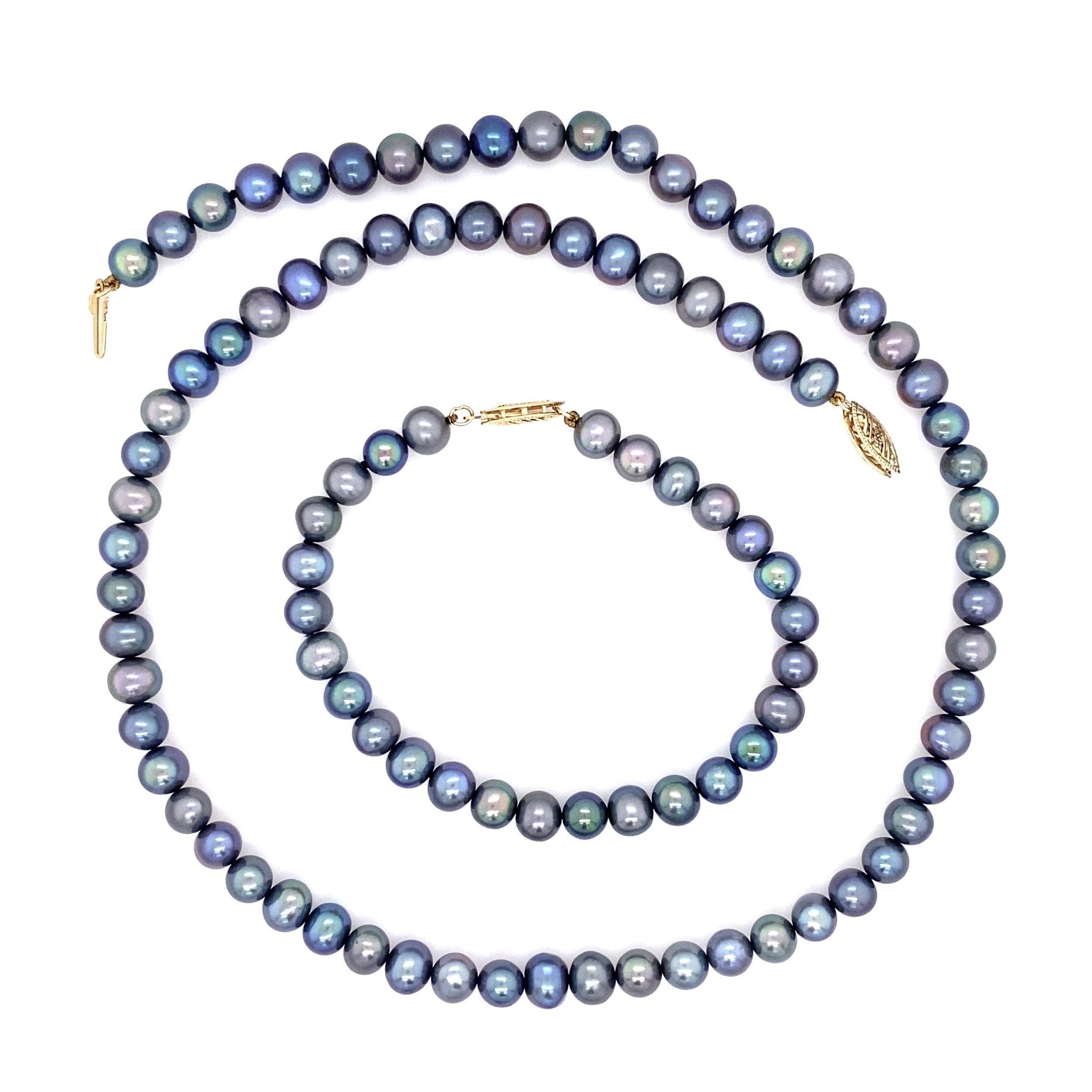 14K YG 6-6.5mm Gray Pearl Necklace & Bracelet Set 18" & 7"