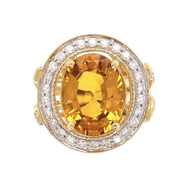 Closeup photo of 18K YG 7.01ct Oval Yellow Sapphire Carte Blu Certificate & .55tcw Diamond Ring 10.1g, s7