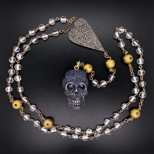 Closeup photo of Large 7.5tcw Sapphire Skull & 2.50tcw Diamond Heart on Crystal Bead Necklace 925 Sterling