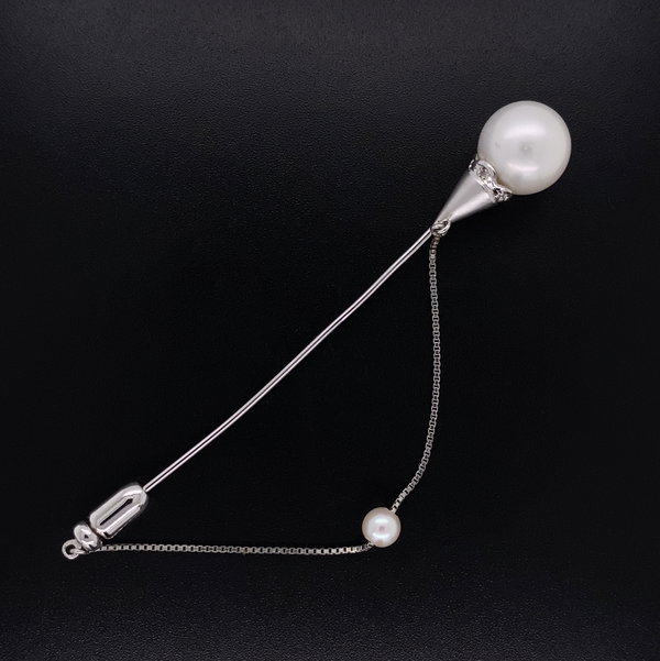 Closeup photo of Platinum & 18K WG 10.2mm Pearl Stick Pin 4.4g, 3"