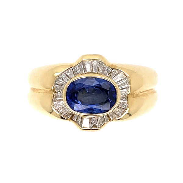 Closeup photo of 18K YG 1.26ct Oval Sapphire & .67tcw Baguette Diamond Ring 9.8g, s6.25
