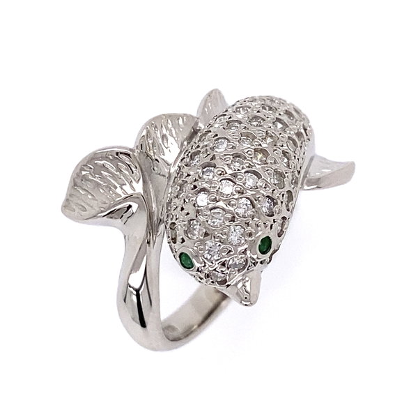 Closeup photo of Platinum .50tcw Pave Diamond DOLPHIN Ring w/ Emerald Eyes 10.9g, s6.25