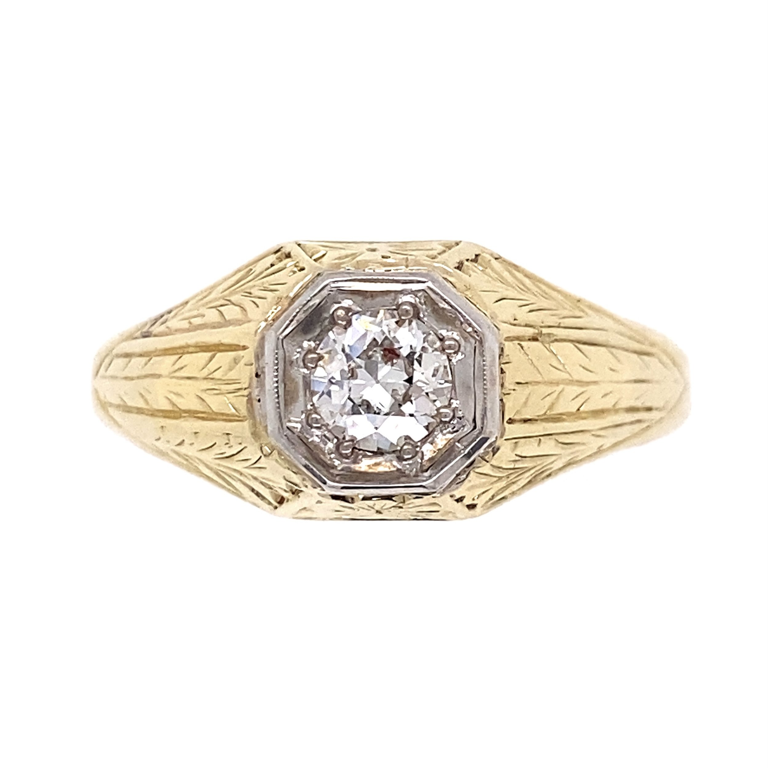14K YG Art Deco .40ct OEC Diamond Engraved Ring 7.5g, s10.75