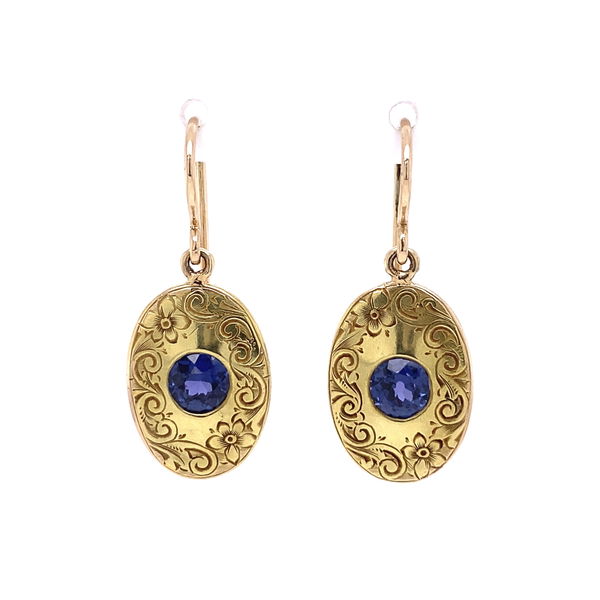 Closeup photo of 18K YG Art Nouveau 1.20tcw Purple-Blue Sapphire Earrings 5.8g, c1890