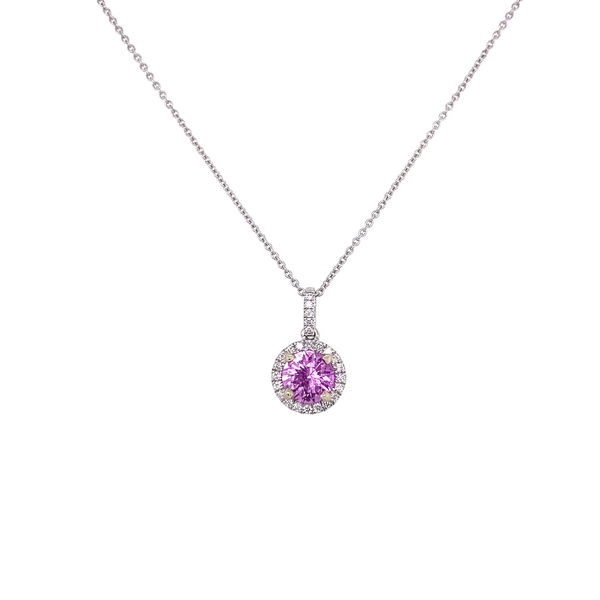 Closeup photo of 14K WG 1.03ct Round Pink Sapphire & .16tcw Diamond Necklace 2.9g, 16in