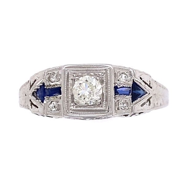 Closeup photo of 18K WG Art Deco .30tcw Diamond & Syn. Sapphire Ring 3.9g, s6