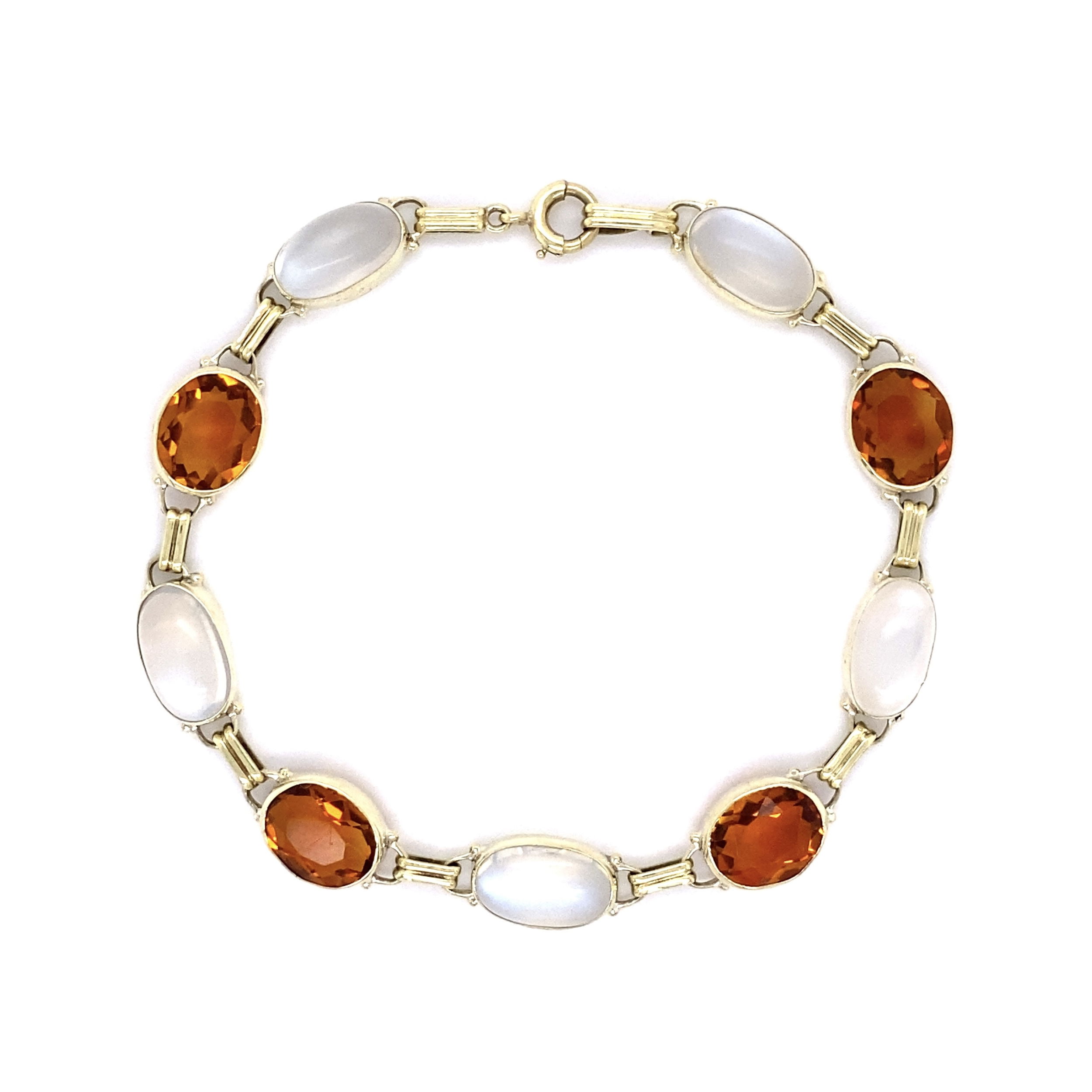 14K YG Retro 10tcw Moonstone & 8tcw Citrine Alternating Bracelet 9.0g, 7"