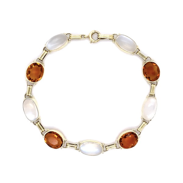 Closeup photo of 14K YG Retro 10tcw Moonstone & 8tcw Citrine Alternating Bracelet 9.0g, 7"