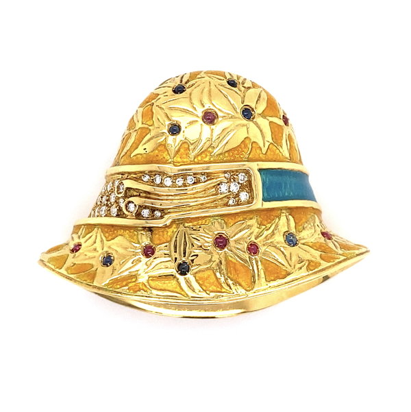 Closeup photo of 18K YG Gianni Carita Enamel, .34tcw Diamond, .014tcw Ruby & .14tcw Sapphire Brooch 27.8g, 2"
