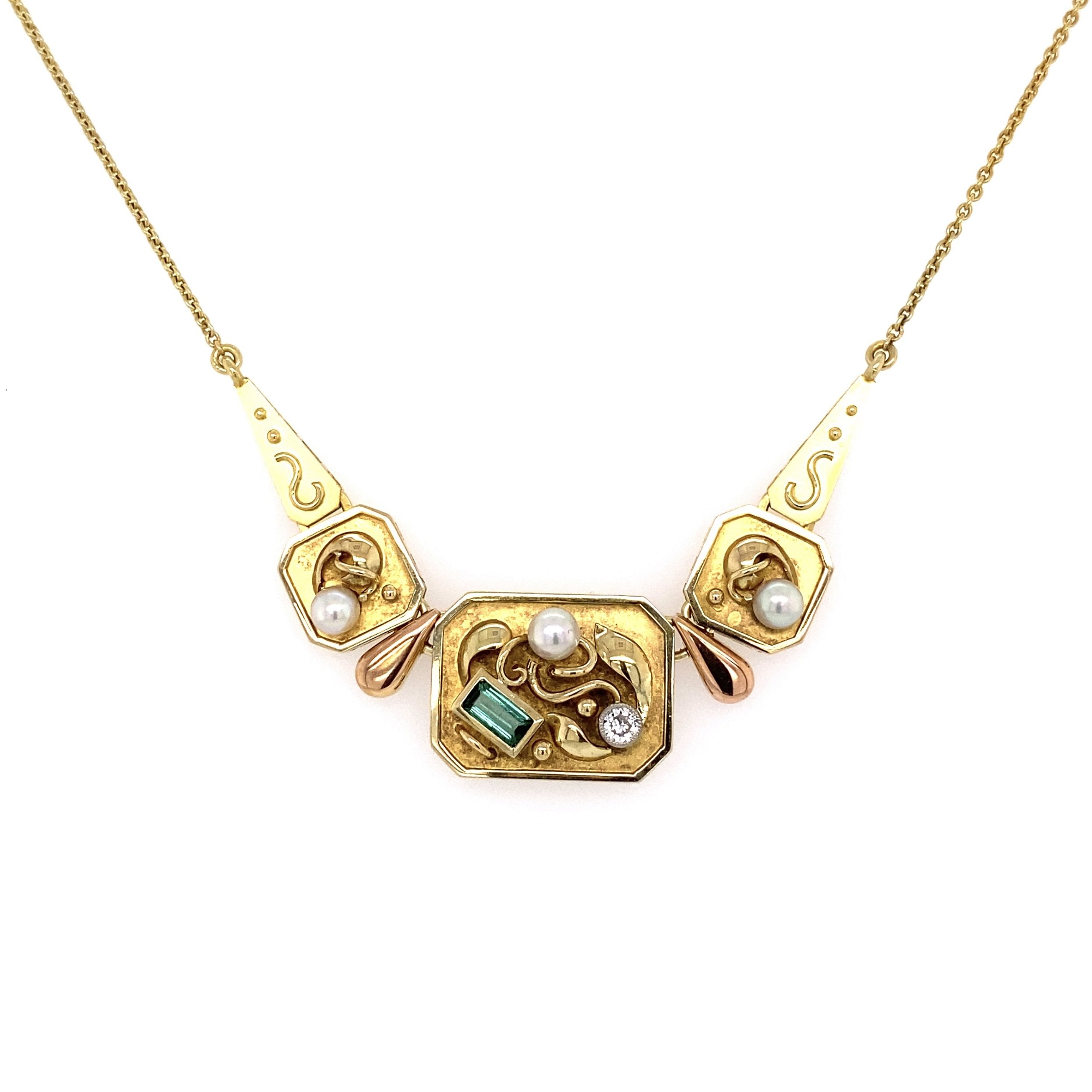 14K YG Modern Necklace .07ct Diamond, Emerald & Pearls 9.0g, 16"