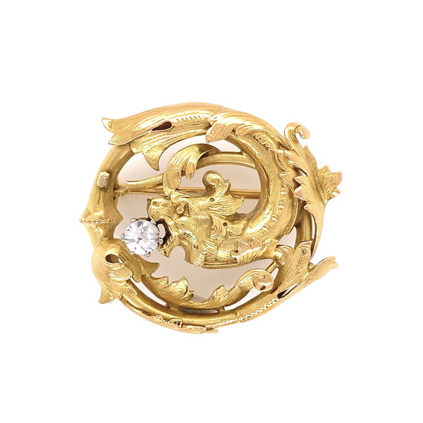 Closeup photo of 18K YG French Griffin Holding a Diamond .22ct Brooch 8.8g, 1.25"