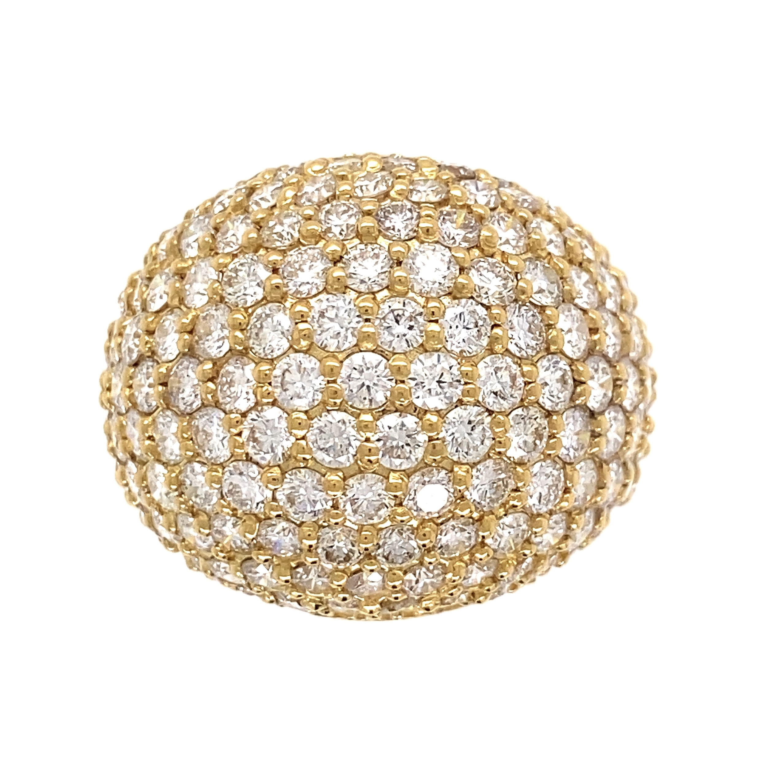 This stunning 18K yellow gold estate ring features a pave diamond dome and is encrusted with 5.07tcw of VS/SI quality round brilliant cut diamonds. The yellow gold band is 9.7 grams and also features engraved details along the shank. The diamonds are set in a raised dome and give off a dazzling sparkle. Perfect for any occasion, this estate ring is sure to stand out in any jewelry collection. 18K YG 5.07tcw RBC Diamond Pave Dome Ring White VS/SI 9.7g, s7