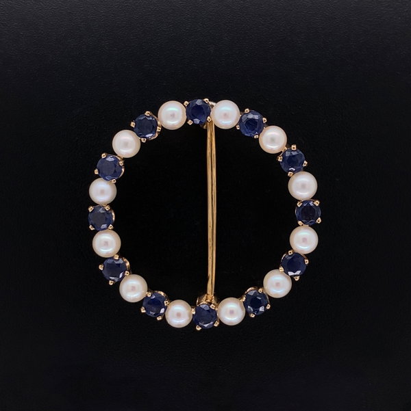 Closeup photo of 14K YG 1.20tcw Sapphire & 12 Seed Pearl Open Circle Brooch 3.8g, 1"