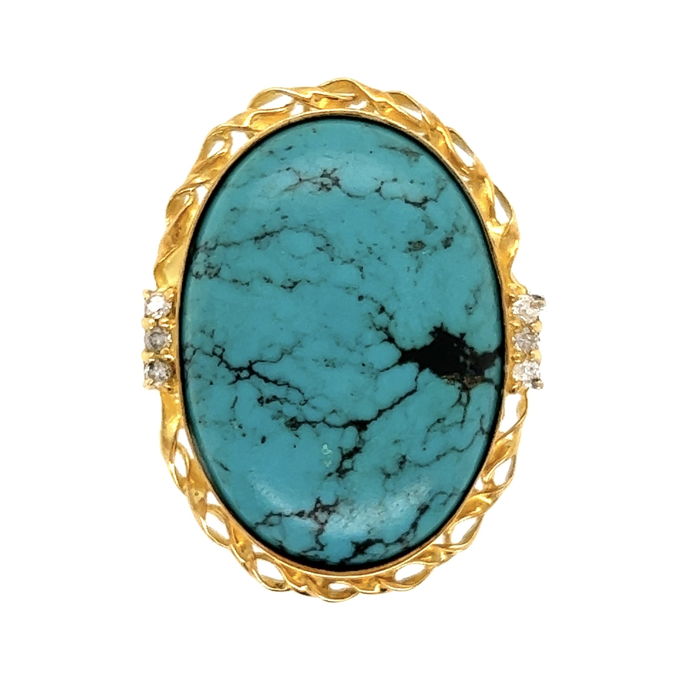 18K YG 10ct Spiderweb Turquoise & .07tcw Diamond Ring 9.7g, s 6.75