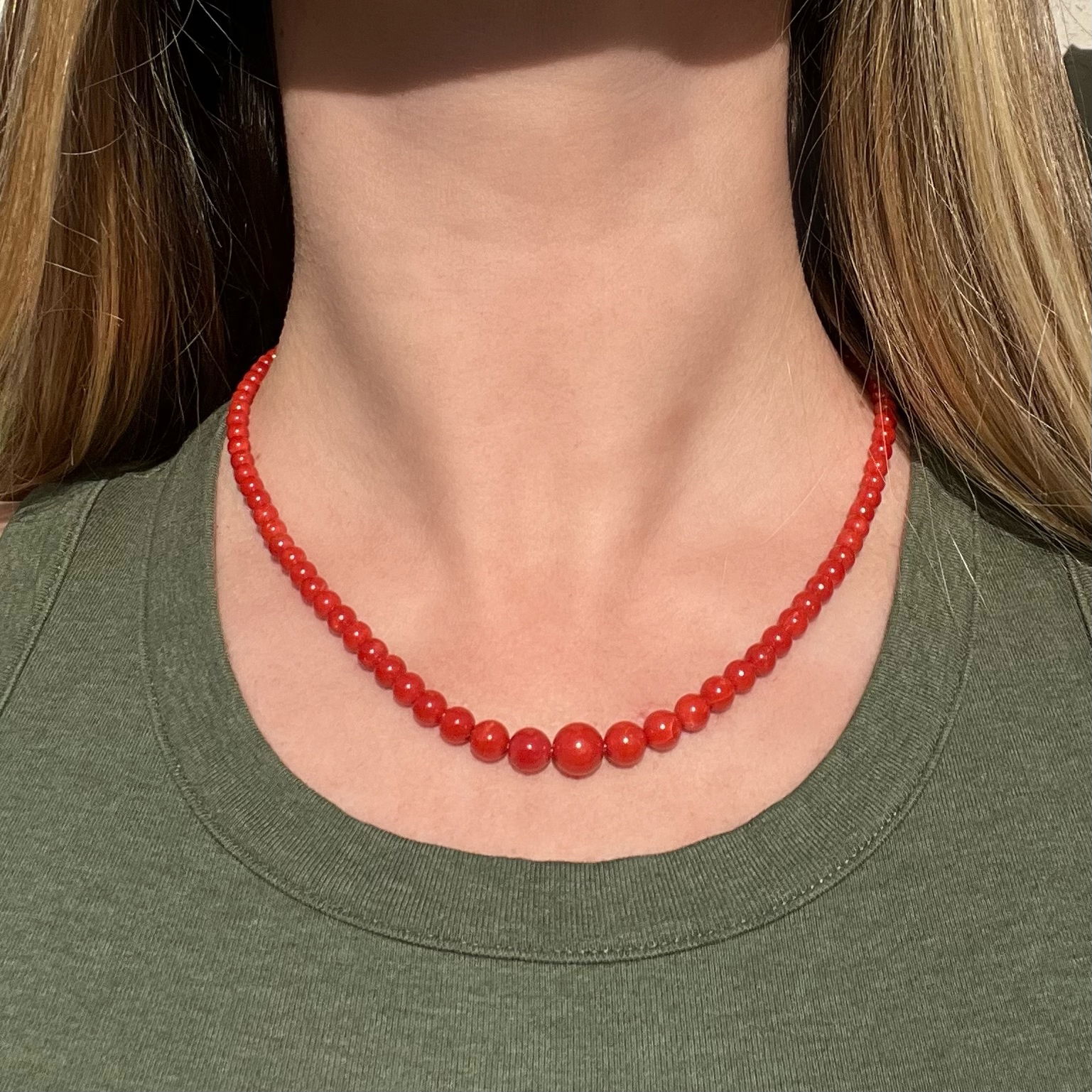 18K YG Red Coral Strand Necklace 3.9 - 9.3mm 19.4g, 19"