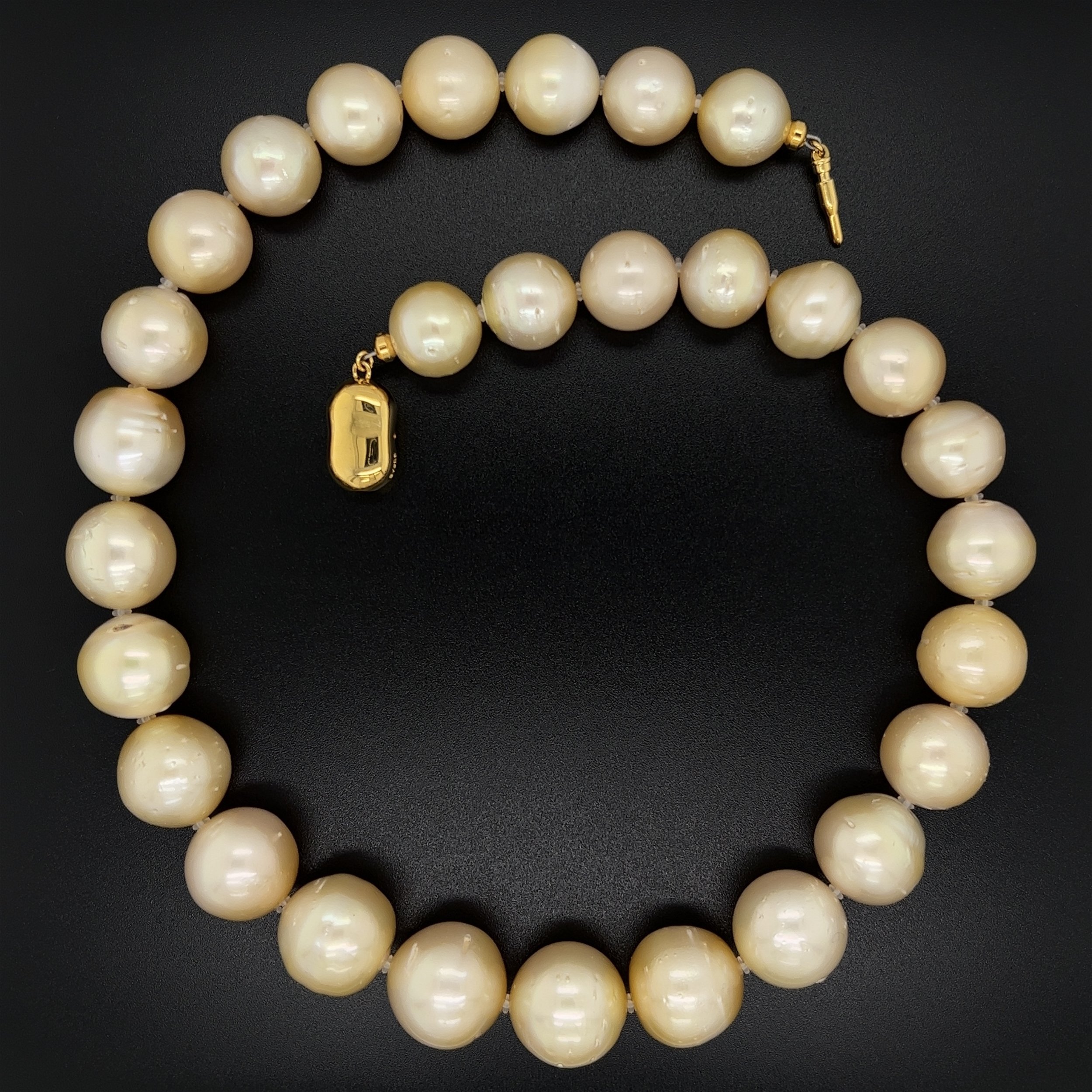 South Sea Golden Pearl Necklace 15.8 - 12.3mm Natural Blemishes on 925 YG Clasp 109.8g, 17"