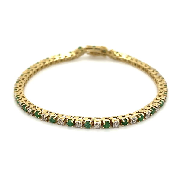 Closeup photo of 14K YG 1.20tcw Emerald & .12tcw Diamond Line Bracelet 8.6g, 7"