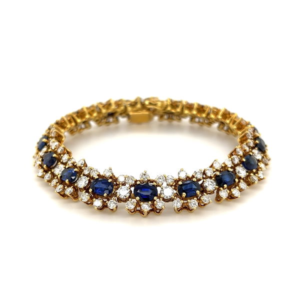 Closeup photo of 18K YG 10.50tcw Oval Royal Blue Sapphire GIA & 9.50tcw Diamond Bracelet 35.4g, 7.15"