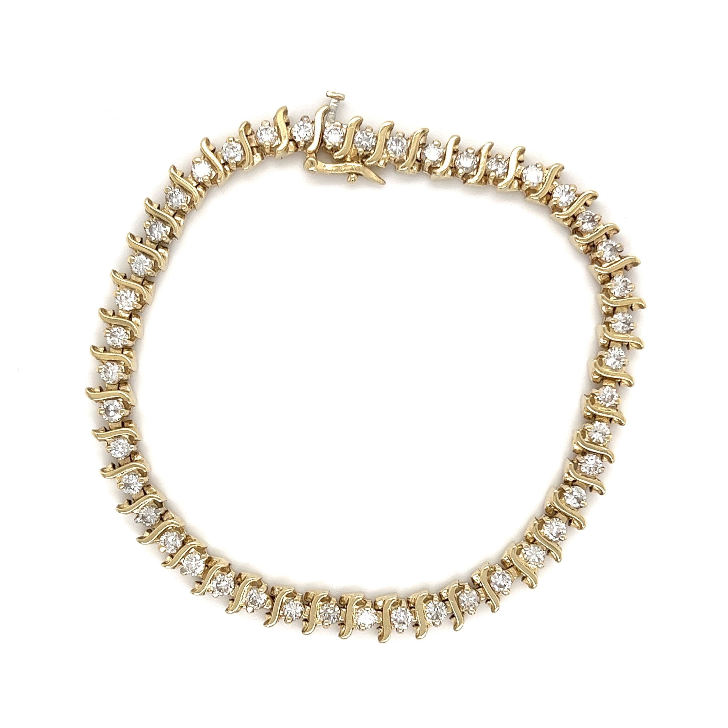 14K YG 3.00tcw Round Brilliant Diamond S Tennis Bracelet 14.7g, 7"