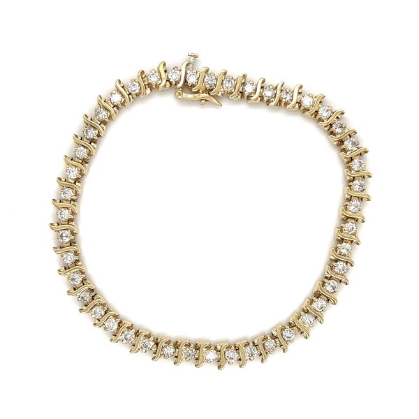 Closeup photo of 14K YG 3.00tcw Round Brilliant Diamond S Tennis Bracelet 14.7g, 7"