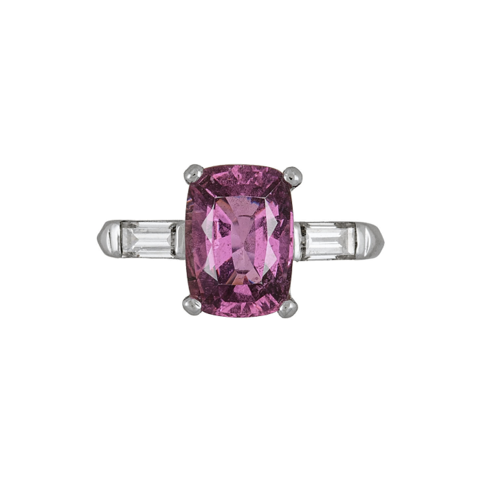 This ring is the epitome of luxury and sophistication. Crafted in platinum and adorned with a stunning 3.67ct cushion cut pink sapphire, this design is finished with a delicate halo of .24tcw diamonds. The shimmering stones and classic metalwork make this stunning ring a must-have for any jewelry enthusiast. The total weight is a magnificent 5.4g, with a size of s5.75, and with its elegant design, it is sure to become an instant family heirloom. Platinum 3.67ct Cushion Cut Pink Sapphire GIA & .24tcw Diamond Ring 5.4g, s5.75